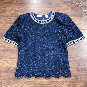 Scala • 80s vintage beaded blouse silk sequins midnight blue navy silver scallop